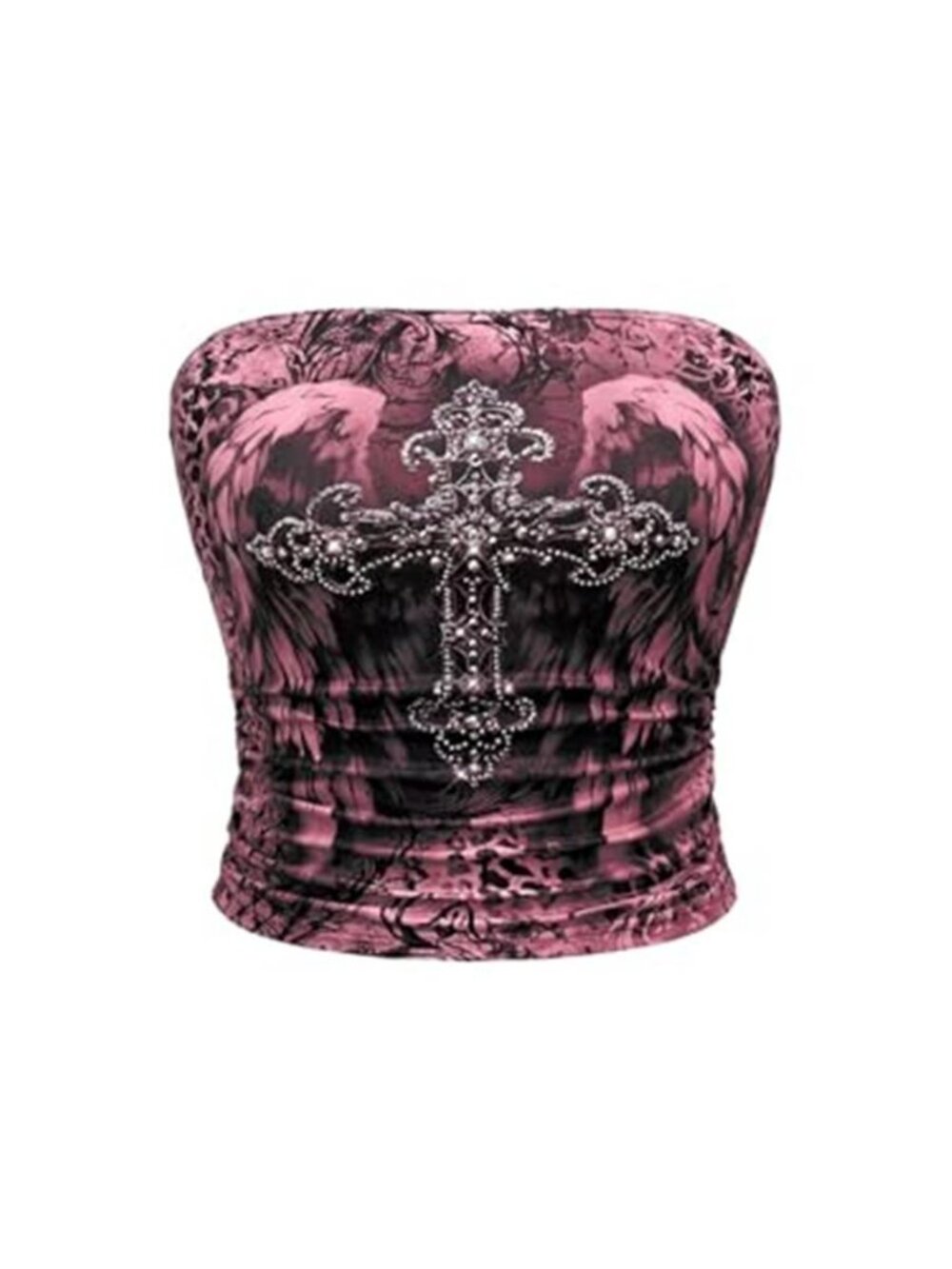 Women's Strapless Rhinestone Cross Print Goth Punk Y2k Ruched Crop Tube